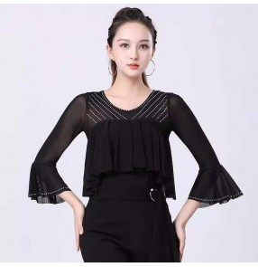 Ballroom latin dance tops shirts for women girls black red ruffles competition salsa rumba chacha stage performance blouses for female